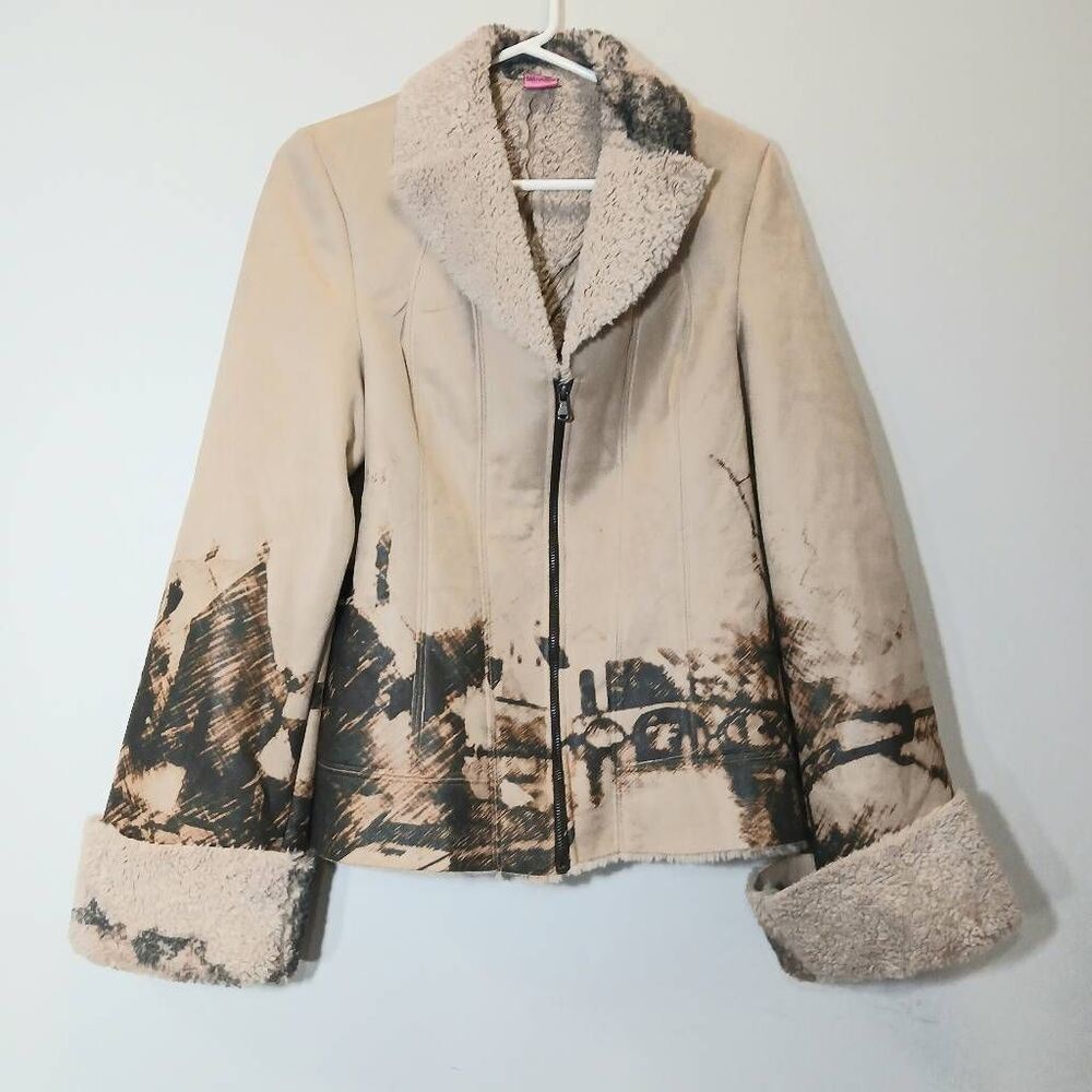 Save the queen women large faux fur jacket art wear tan Italian made avant garde